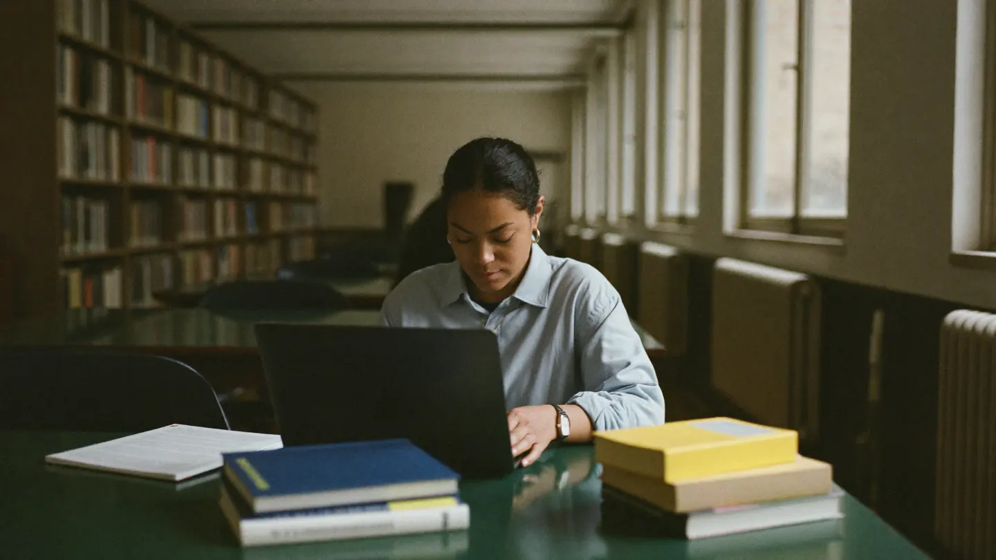 Mulher estuda uma área nova com notebook e livros numa mesa de biblioteca