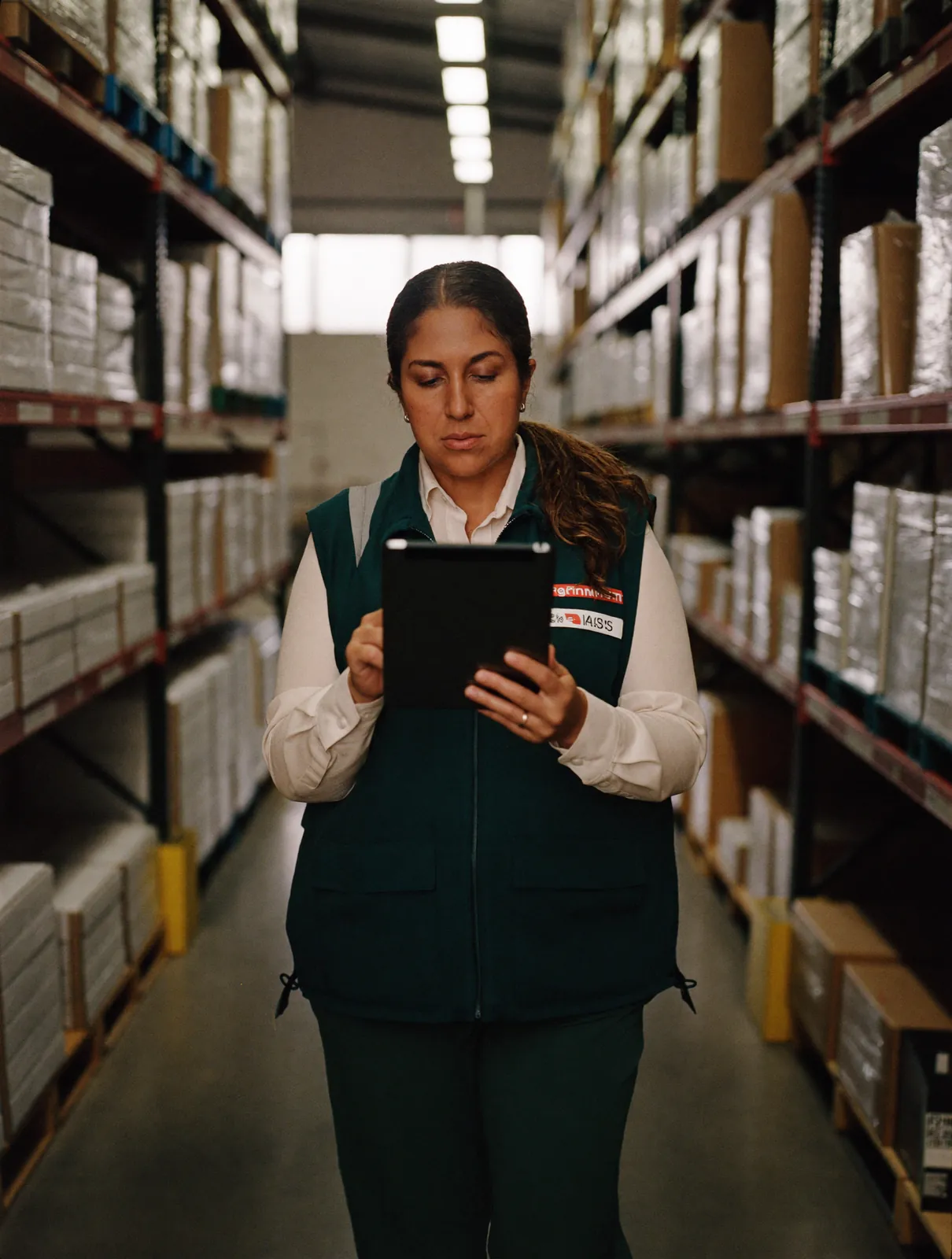 Supervisora de logística de colete verde confere um tablet no corredor de um galpão organizado